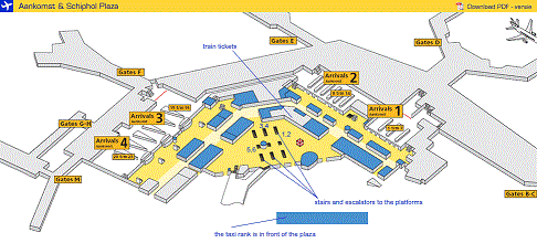 Map of Schiphol Plaza showing train platforms and ticket booths